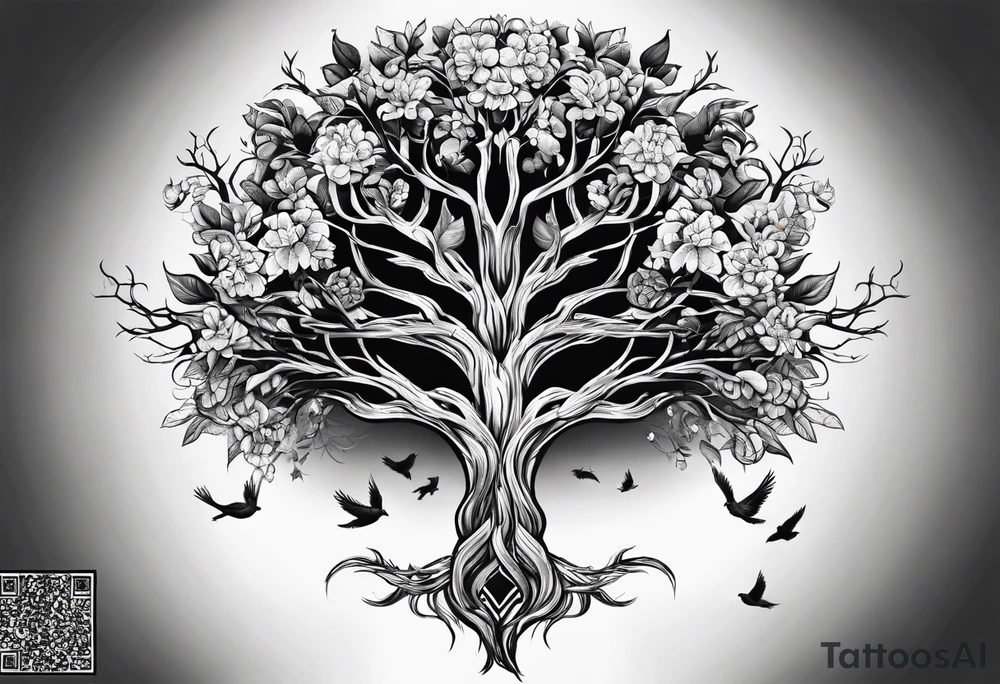 poison tree, strong, tall, birds, no leaves tattoo idea