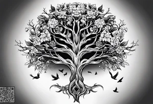 poison tree, strong, tall, birds, no leaves tattoo idea