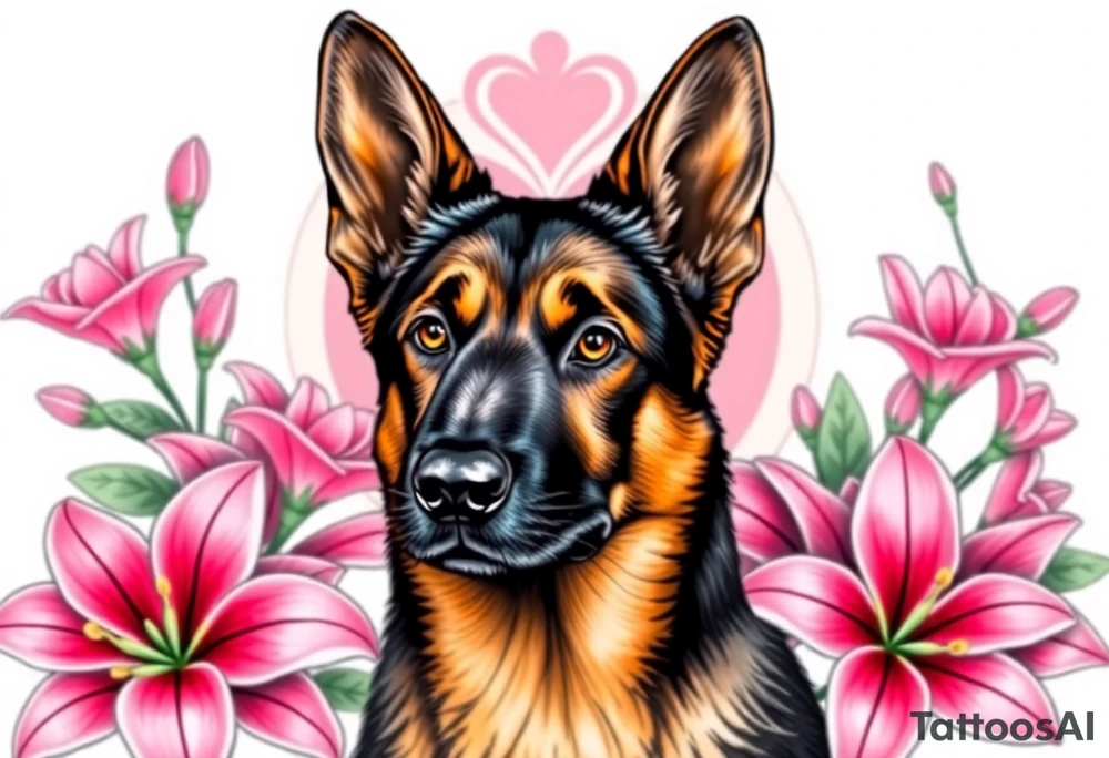 realistic german shepherd with alert ears looking protective surrounded by pink lilies with leaves in front of a sacred heart tattoo idea
