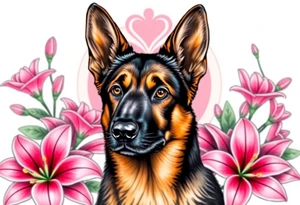 realistic german shepherd with alert ears looking protective surrounded by pink lilies with leaves in front of a sacred heart tattoo idea