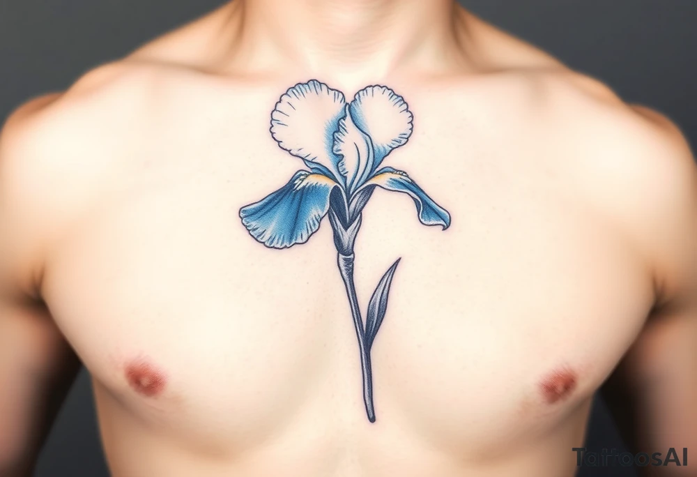 Single blue iris flower in the style of Van Gogh. One petal falling and one upright. On stomach. tattoo idea