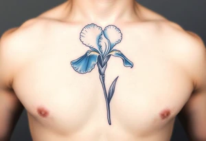 Single blue iris flower in the style of Van Gogh. One petal falling and one upright. On stomach. tattoo idea