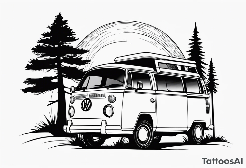 VW california t6 in Front of a pine tree on a beach tattoo idea