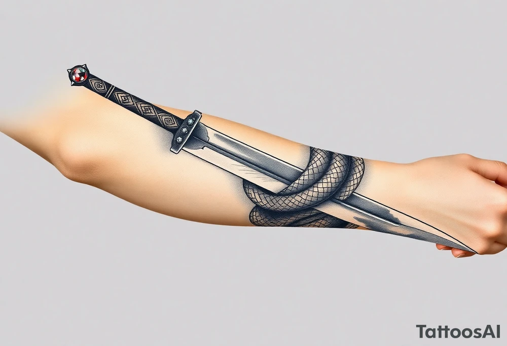 mystical snake coiled around an ancient dagger with jeweled hilt tattoo idea