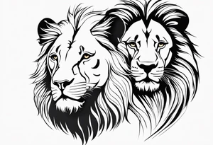 Moitie Visage lion avec son bebe lionne avec trait super fin entouré d'un cœur tattoo idea