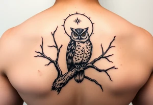 wise owl perched on ancient oak branch under starlit sky tattoo idea