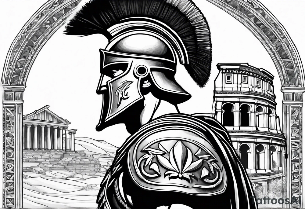 Side profile of spartan soilder with Roman buildings tattoo idea
