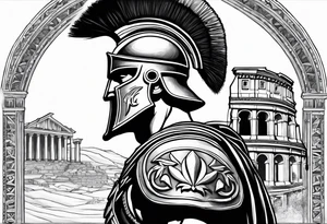 Side profile of spartan soilder with Roman buildings tattoo idea