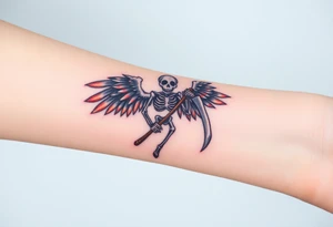 A winged skeleton clutching a scythe, its wings composed of intertwined black and blood-red feathers with highlights of dark orange at the edges. tattoo idea