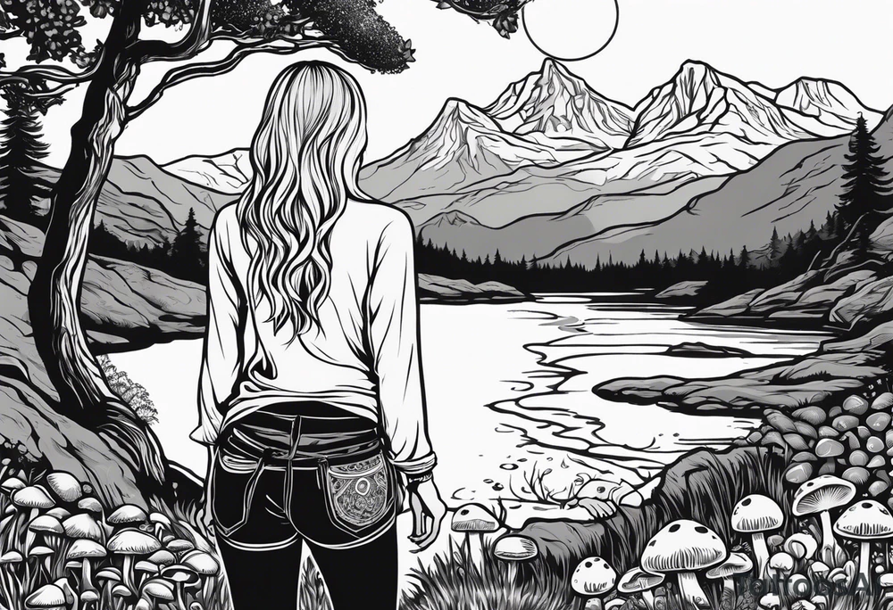 Whole picture encircled fully

Straight long blonde hair hippie girl in distance holding mushrooms in hand facing away toward mountains and creek surrounded by mushrooms long sleeve shirt and hiking pants; whole rendering within a full celtic circle border, no cut off circle tattoo idea