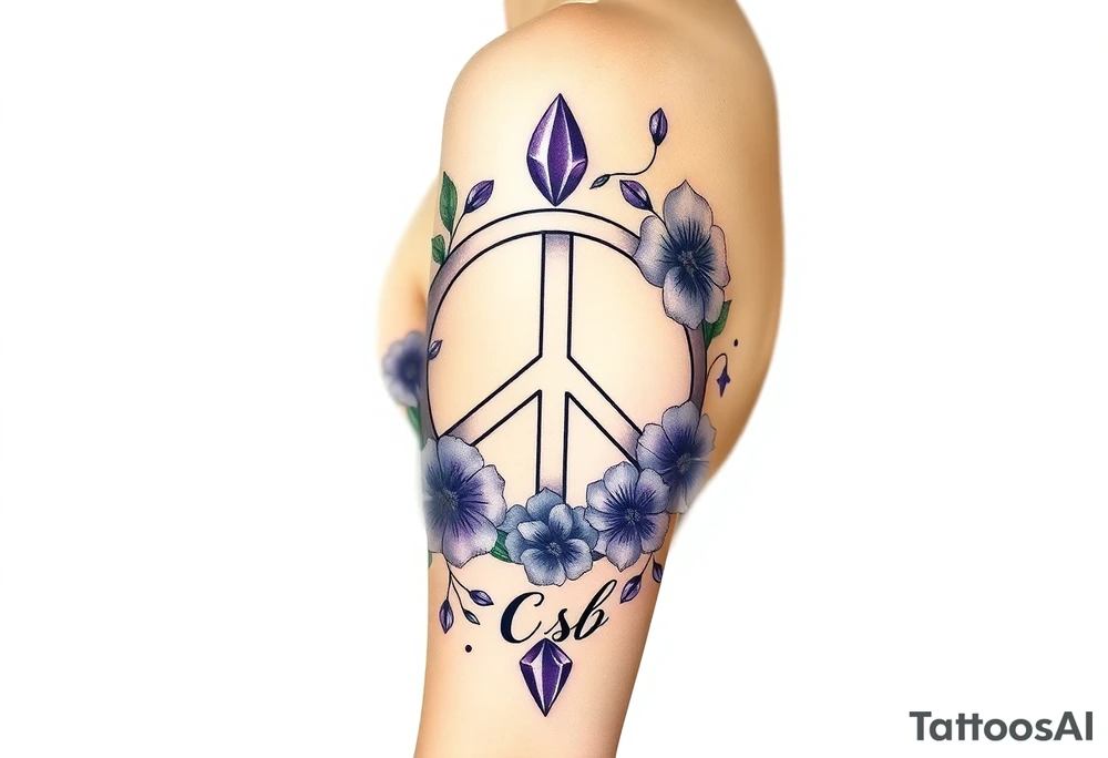 peace symbol intertwined with violets Pisces symbol, dog prints, amethyst, initials csb in cursive font tattoo idea