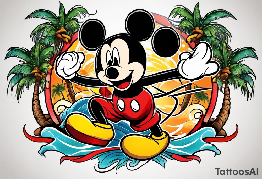 mickey mouse holding lightning with palm trees doing martial arts tattoo idea