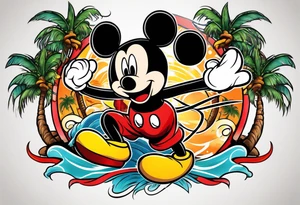 mickey mouse holding lightning with palm trees doing martial arts tattoo idea