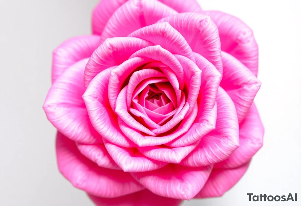 The pink rose appears as if viewed through a mesmerizing kaleidoscope, with its delicate petals radiating outward in a perfectly symmetrical, fractal-like pattern. Shades of soft blush and vibrant magenta blend seamlessly, creating a hypnotic, almost surreal visual effect that draws the eye deeper into its intricate layers. The petals seem to fold and reflect infinitely, forming geometric shapes that shift and transform, giving the rose an ethereal, dreamlike quality. tattoo idea
