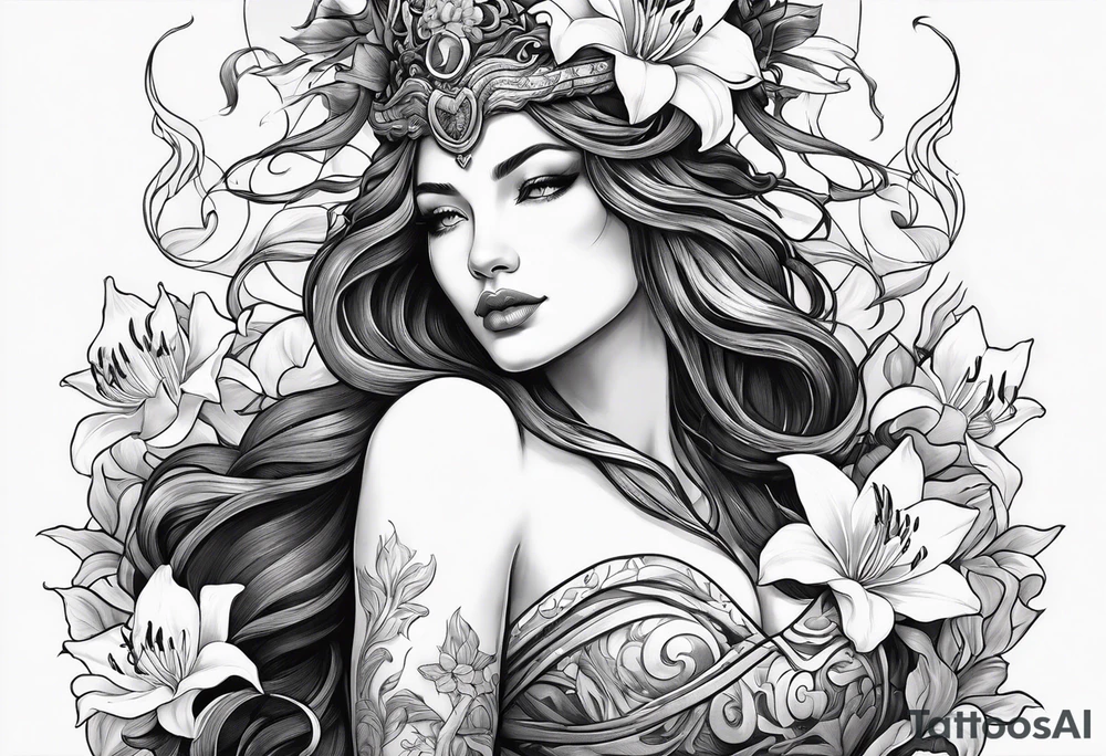 a side view of the goddess lilith holding a serpent surrounded by lilies tattoo idea