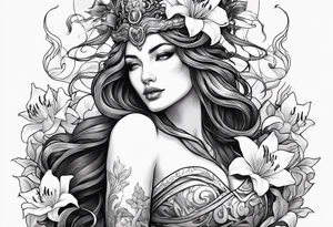 a side view of the goddess lilith holding a serpent surrounded by lilies tattoo idea