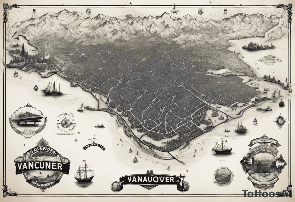 A overview old school map of vancouver B.C with water drop staining and major roadways highlighted with honeycomb tattoo idea