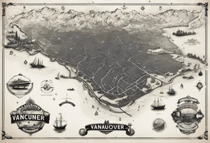 A overview old school map of vancouver B.C with water drop staining and major roadways highlighted with honeycomb tattoo idea