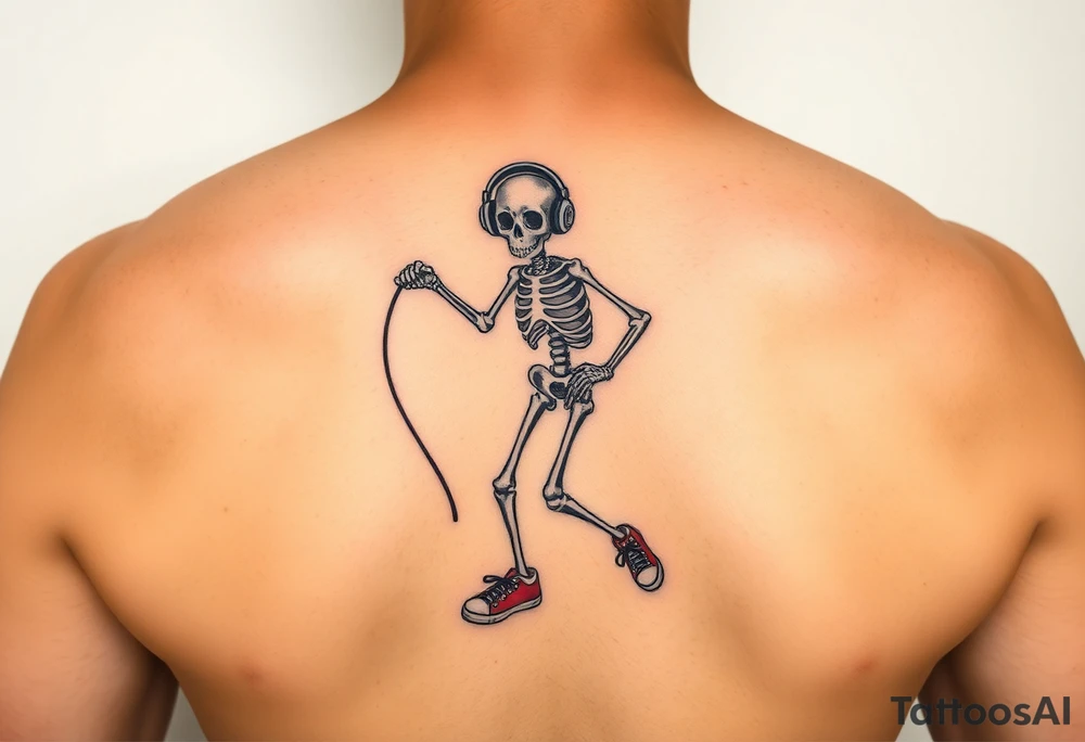 Funny small skeleton exercises on a jump rope with a headphones colorful tennis shoes tattoo idea