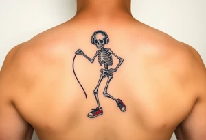 Funny small skeleton exercises on a jump rope with a headphones colorful tennis shoes tattoo idea