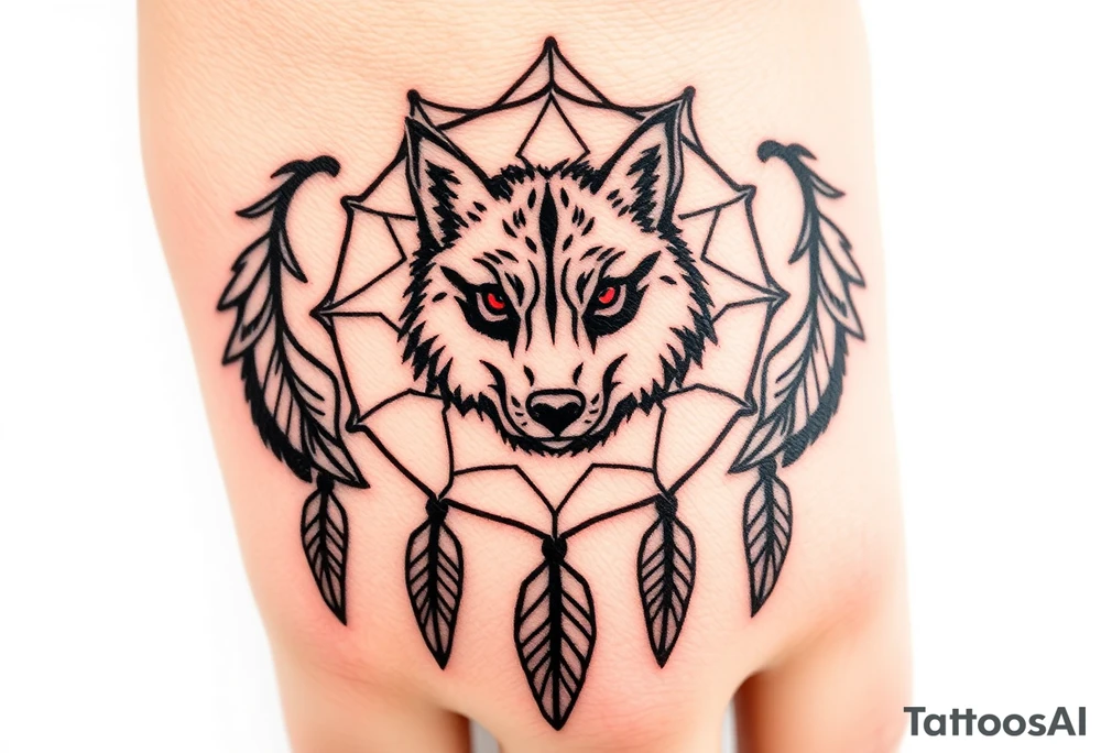 A symmetrical tribal wolf head inside a dreamcatcher, with feather patterns forming geometric shapes around it. The design is rendered in black ink with accents of red for the eyes and white in the feathers tattoo idea