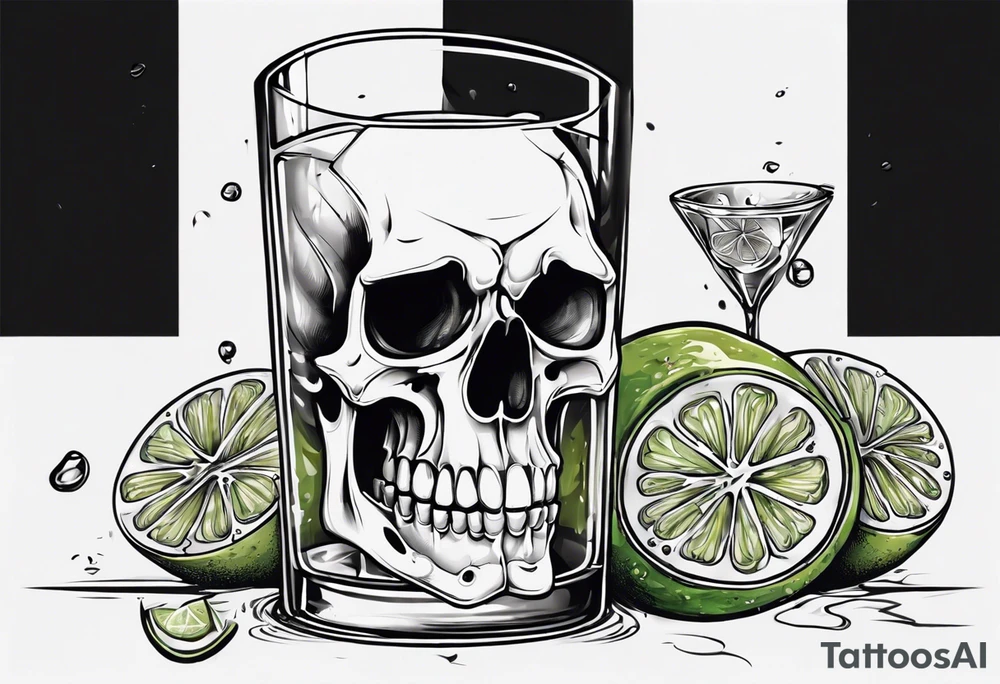 A smiling looking to the left scull inside the glass with alcohol and piece of lime tattoo idea