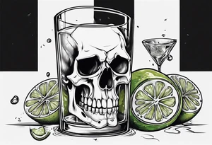A smiling looking to the left scull inside the glass with alcohol and piece of lime tattoo idea