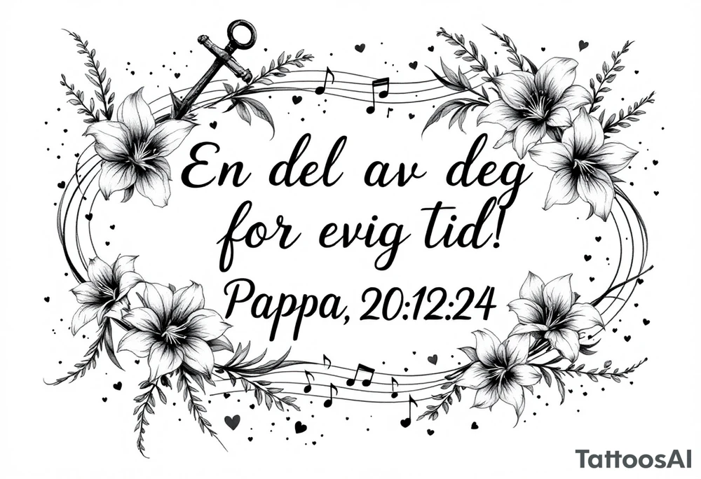 Quote in two rows; En del av deg for evig tid! Pappa, 20.12.24. Surround the quote with long gladioluses, music notes, hearts and an anchor tattoo idea