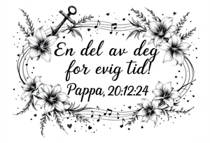 Quote in two rows; En del av deg for evig tid! Pappa, 20.12.24. Surround the quote with long gladioluses, music notes, hearts and an anchor tattoo idea