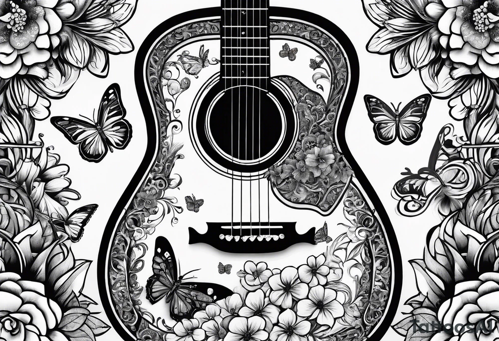 Single electric acoustic Guitar in shape with flowers growing off the side, butterflies tattoo idea