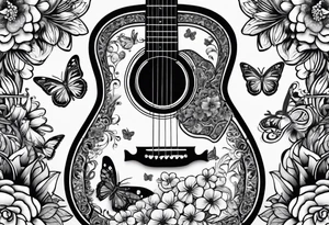 Single electric acoustic Guitar in shape with flowers growing off the side, butterflies tattoo idea