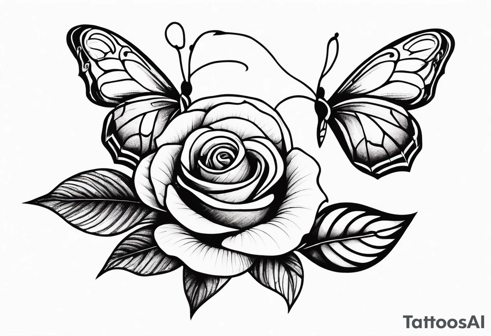 a rose with a snake wandering around it and a small butterfly resting on it tattoo idea