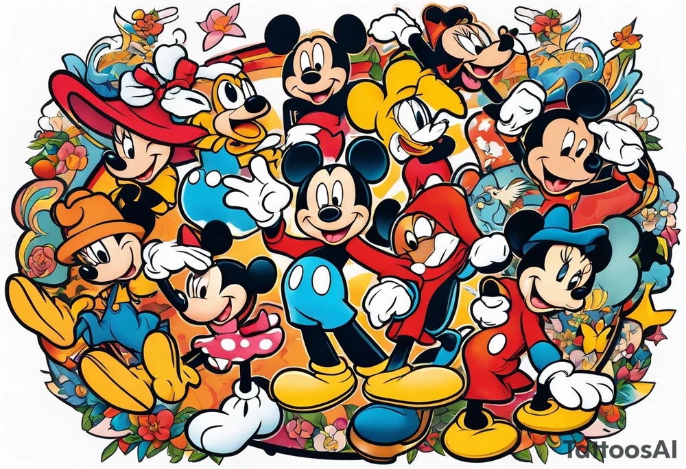 Upper arm half sleeve tattoo featuring Disney and Universal characters tattoo idea