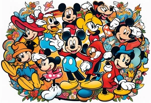 Upper arm half sleeve tattoo featuring Disney and Universal characters tattoo idea