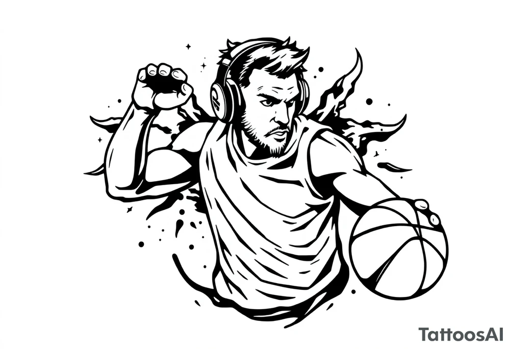 A guy dribbling a basketball with headphones on tattoo idea