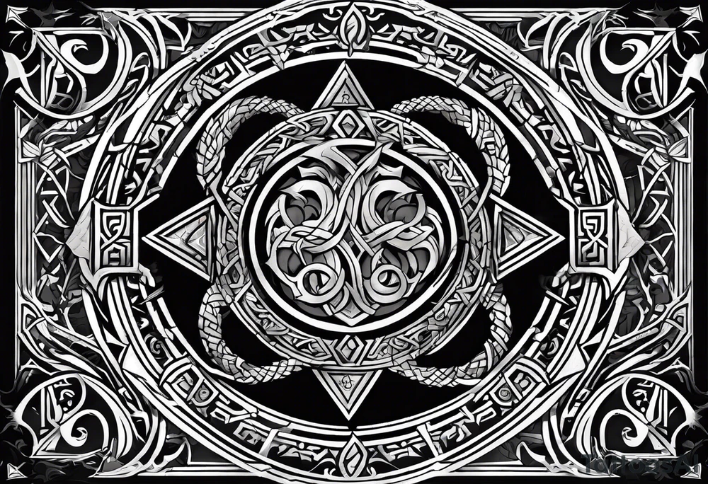 the norse symbol of Tyr, the god of war and order, with a full body figure of tyr in the middle of symbol. tattoo idea