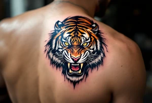 A snarling tiger with piercing yellow eyes, fur detailed in deep orange, white, and jet black stripes include shadows as well tattoo idea