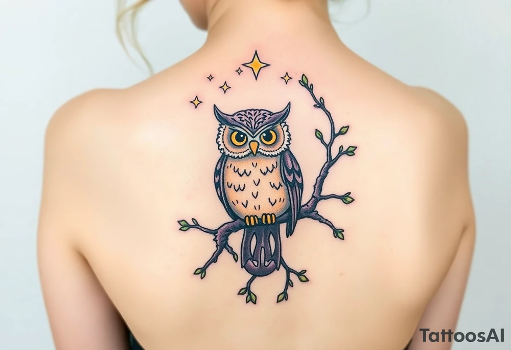 wise owl perched on ancient oak branch under starlit sky tattoo idea