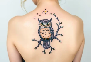 wise owl perched on ancient oak branch under starlit sky tattoo idea