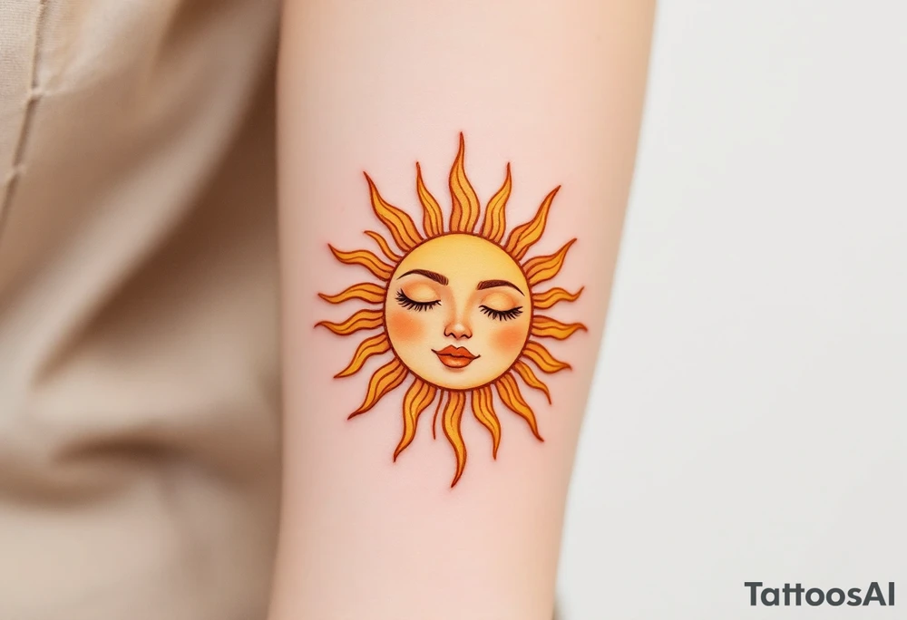 A stylized sun with the son’s face subtly etched in gold and burnt orange rays. tattoo idea
