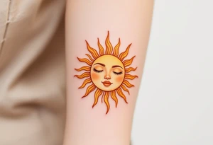 A stylized sun with the son’s face subtly etched in gold and burnt orange rays. tattoo idea