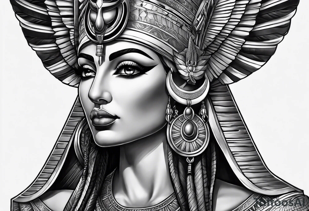 black and gray photo realistic goddess isis with minimal detail tattoo idea