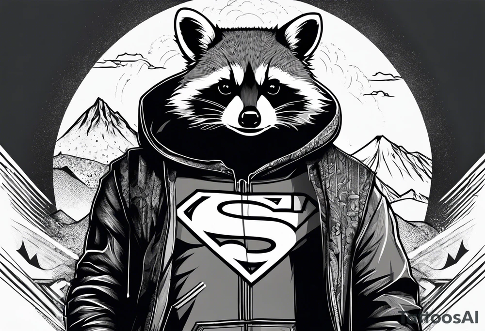 raccoon wearing a Superman hoodie tattoo idea