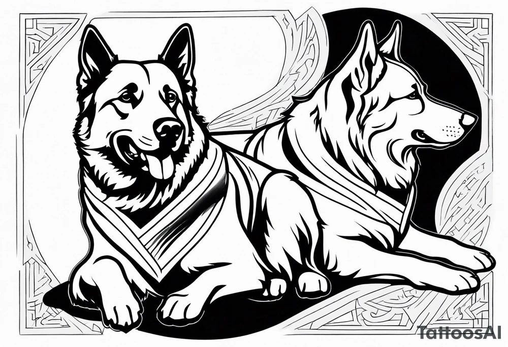 a golden retriever and a german shepherd both in jujitsu gis no pattern tattoo idea