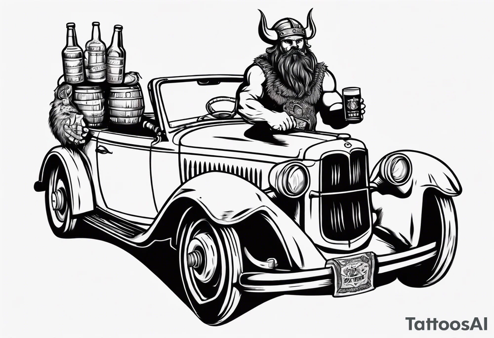 A Viking driving a vintage car holding a beer tattoo idea