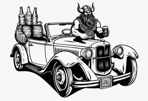 A Viking driving a vintage car holding a beer tattoo idea