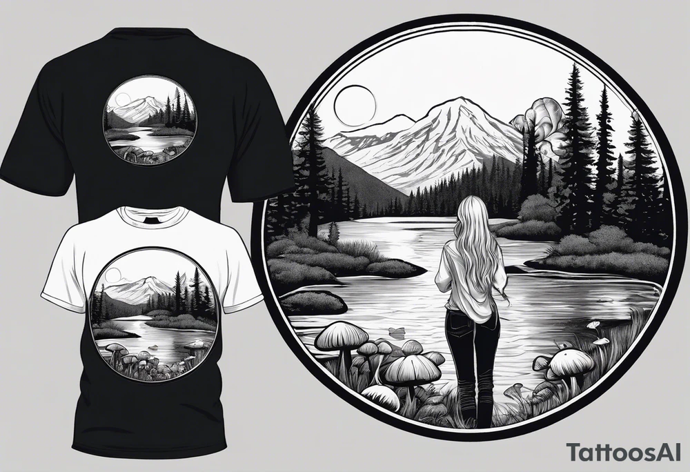 Straight long blonde hair hippie girl in distance holding mushrooms in hand facing away toward mountains and creek surrounded by mushrooms tee shirt and hiking pants; whole rendering within a full circle, no cut off circle tattoo idea
