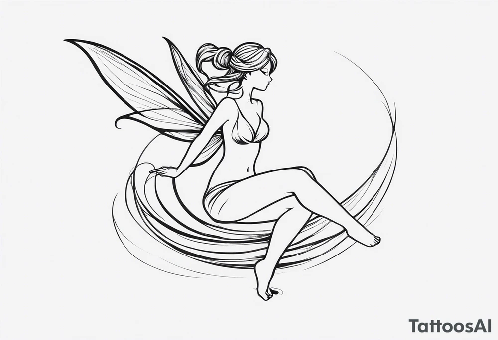 Minimalistic, monochromatic fairy with a tail flying to the left in a fetal position, leaning and looking in the same direction, with visible hands, embodying the 'Fairy Tail' logo aesthetic. tattoo idea