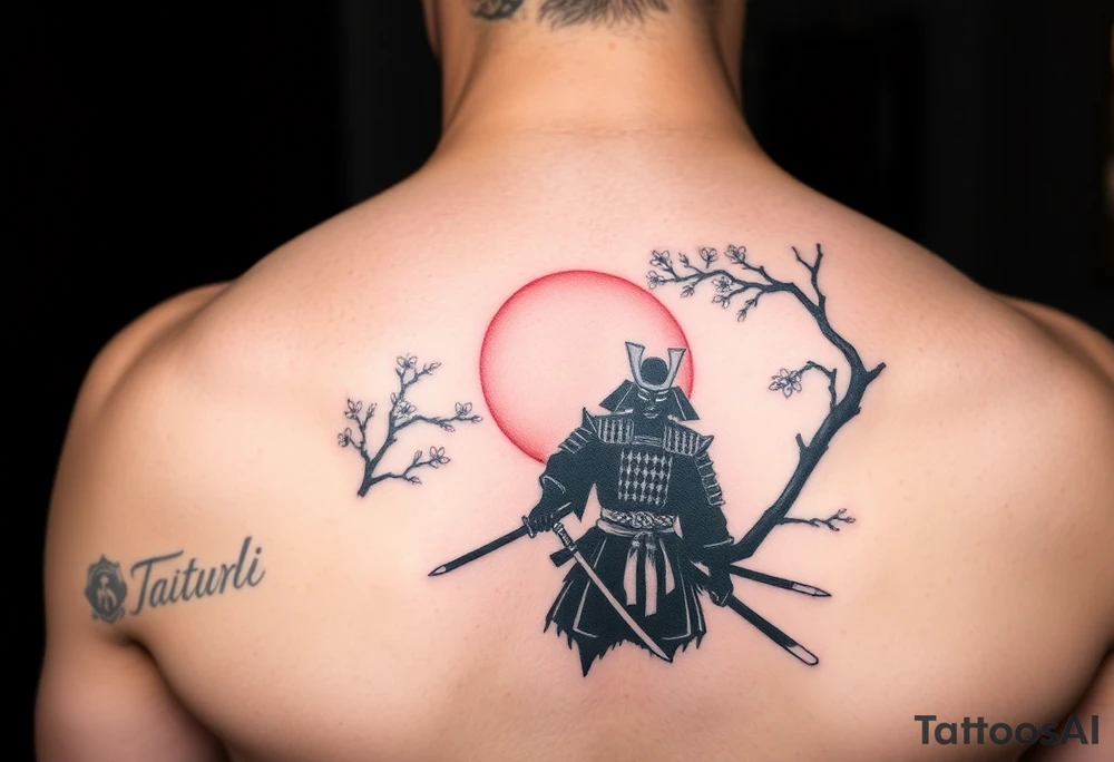 noble samurai warrior silhouette at sunset with cherry blossoms tattoo idea