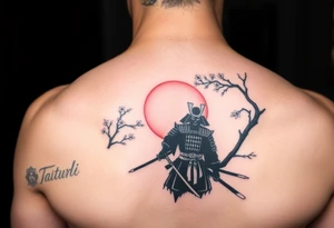 noble samurai warrior silhouette at sunset with cherry blossoms tattoo idea